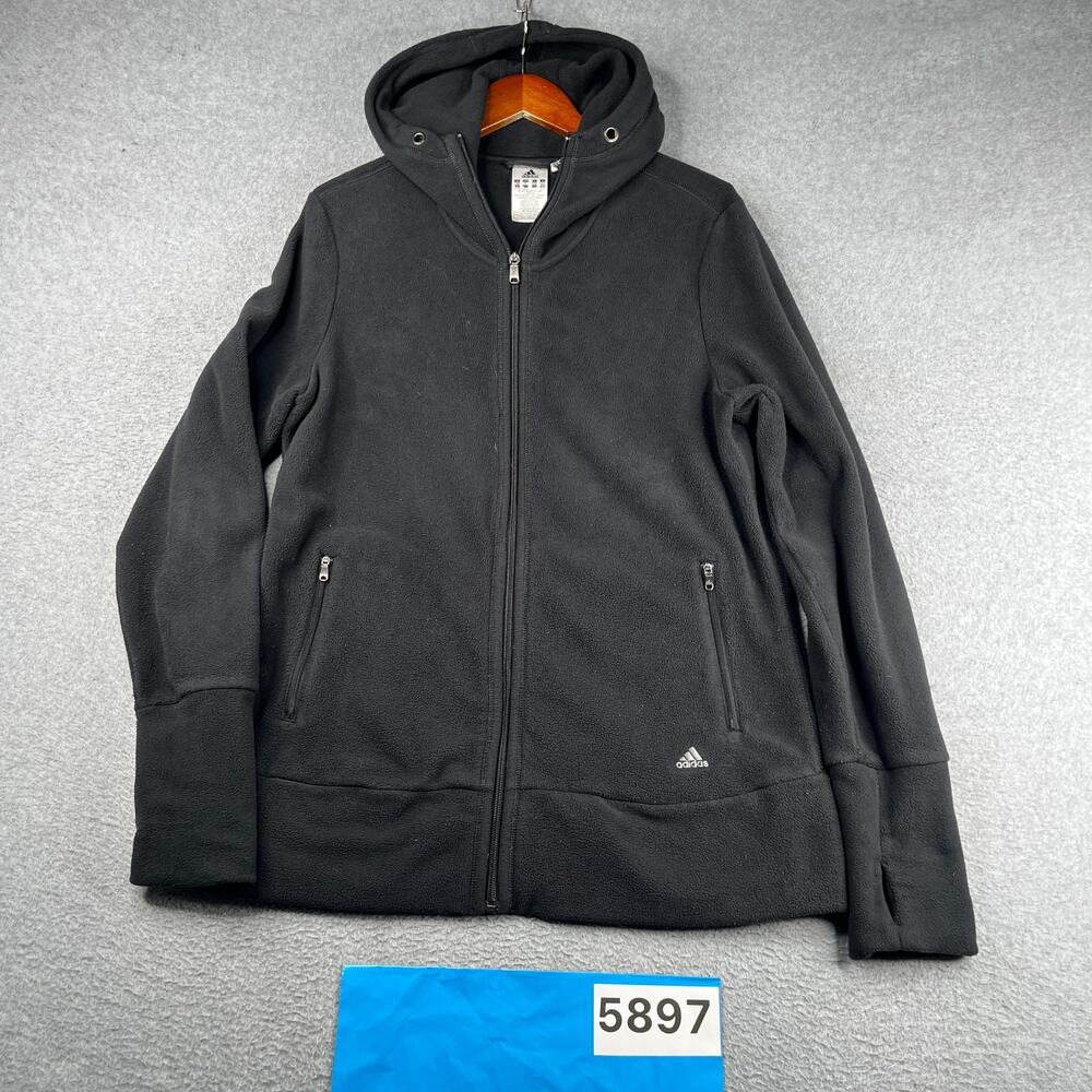 Adidas Clima Warm Fleece Hoodie Sweatshirt Full Zip Black Thumb Holes Womens XL